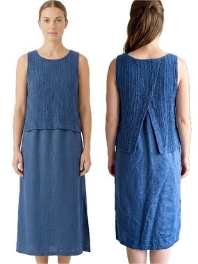 J. Jill PureJill Batik BlueTextured Layered Linen Maxi Dress Size Medium Petite